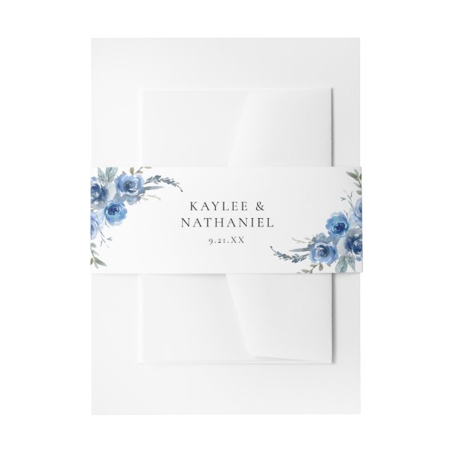 Bandeau De Faire-part Dusty Blue & Blue Floral Invitation Belly Band (Devant example)