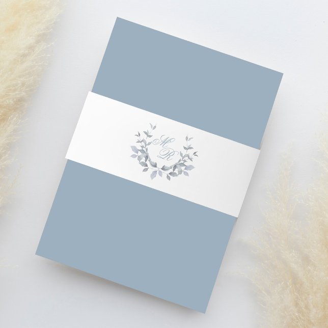 Bandeau De Faire-part Dusty Blue élégant mariage Monogramme (Dusty blue laurel leaf motif belly band with calligraphy script monogram. )