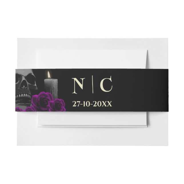 Bandeau De Faire-part Éffrayant crâne violet Roses Halloween Mariage ven (Devant Example)