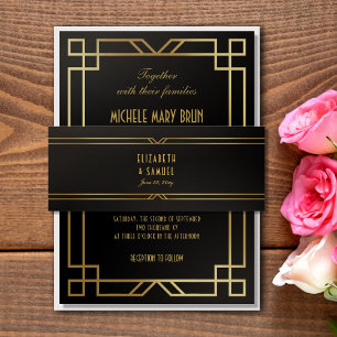 Bandeau De Faire-part Elégant Art Déco Black Gold Mariage Nom Date