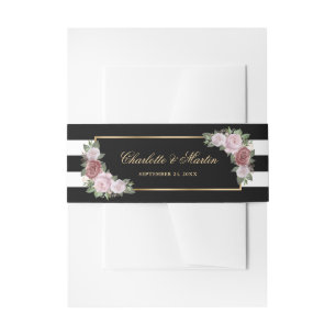 Bandeau De Faire-part Élégant Black Gold Blush Rose Floral Mariage