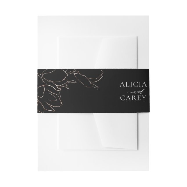 Bandeau De Faire-part Élégant Black Gold Floral Invitation Belly Band (Devant example)