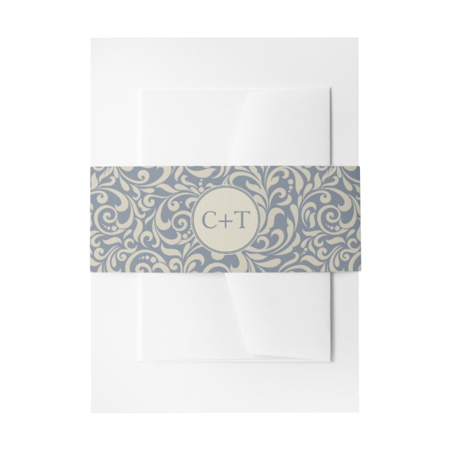 Bandeau De Faire-part Élégant Damas bleu et beige avec initiales (Devant example)
