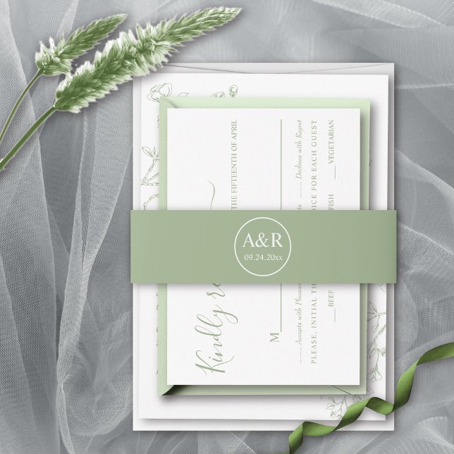 Bandeau De Faire-part Élégant initiales sauge vert printemps mariage (Créateur téléchargé)