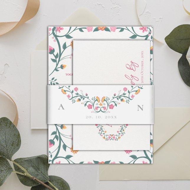 Bandeau De Faire-part Élégant Joli Monogramme Initiales Floral Mariage (Elegant Pretty Monogram Initials Floral Wedding Invitation Belly Band)