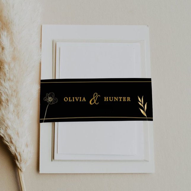 Bandeau De Faire-part Élégant Mariage noir et or (Elegant Black and Gold Wedding Invitation Belly Band)