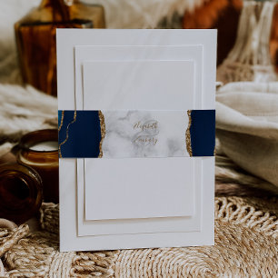 Bandeau De Faire-part Elégant Marine Blue Gold Agate Mariage en marbre