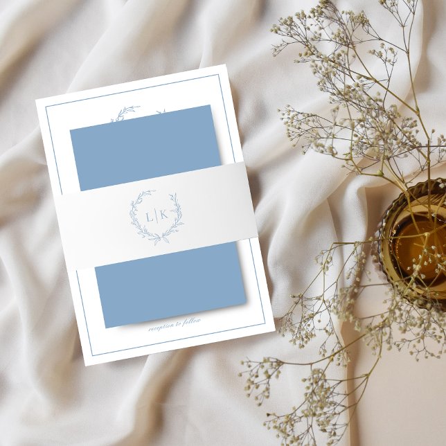Bandeau De Faire-part Élégant Monogram Leaf Crest Dusty Blue Mariage (Créateur téléchargé)