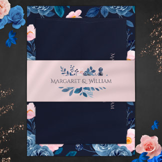 Bandeau De Faire-part Élégant rose pâle et bleu marine Mariage floral