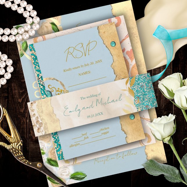 Bandeau De Faire-part Elegant Turquoise Gold Floral Lace Wedding         (Créateur téléchargé)