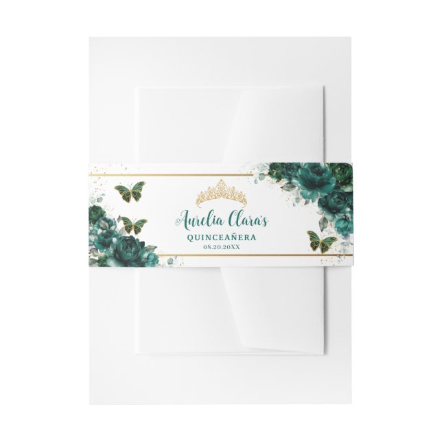 Bandeau De Faire-part Emerald Green Butterflies Gold Quinceanera (Devant example)