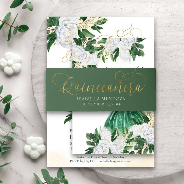 Bandeau De Faire-part Emerald Green et Gold Quinceanera (Quinceanera belly band from my Emerald Greenery & White Peony collection)