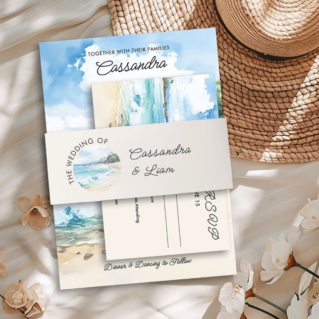 Bandeau De Faire-part Eté Watercolor Beach Mariage à thème (Wedding Invitation Belly Bands from the Summer Beach Wedding Collection by Darling & May)
