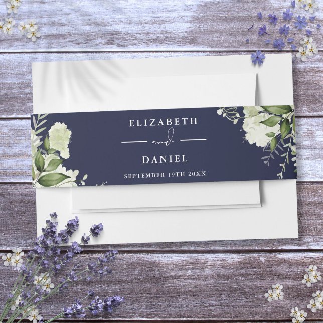 Bandeau De Faire-part Faire-part de mariage floral bleu marine (Navy Blue Greenery Floral Wedding Invitation Invitation Belly Band)