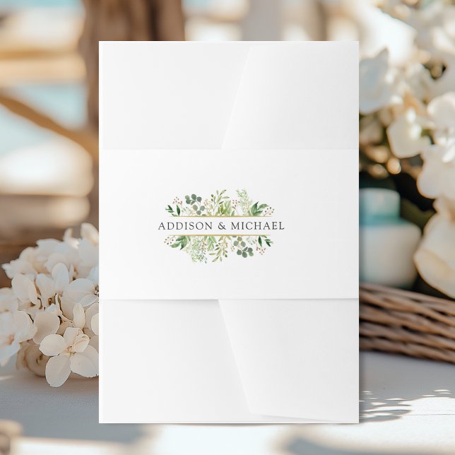 Bandeau De Faire-part Fleurs Or Vert (Botanical Green Gold Invitation Belly Band with your names)