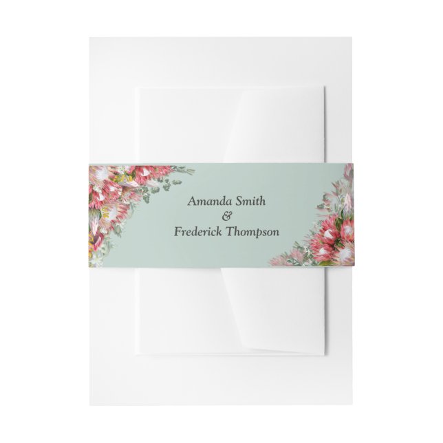 Bandeau De Faire-part Fuchsia Protea avec groupe d'enveloppes verte et o (Devant example)