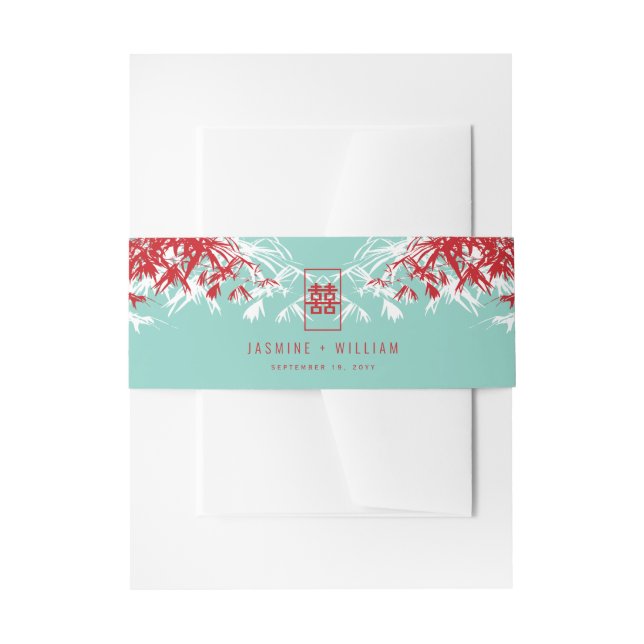 Bandeau De Faire-part Mariage chinois Turquoise Bambou Feuille Double Xi (Devant example)