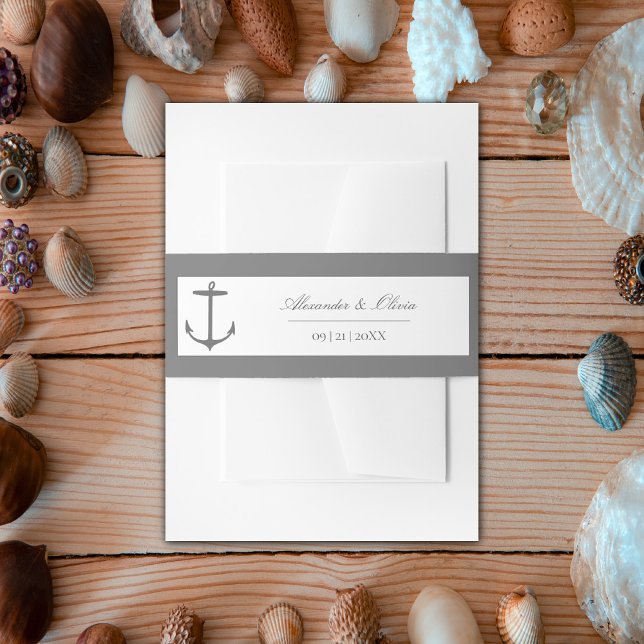 Bandeau De Faire-part Mariage d'Ancres nautiques simple | Gris (Gray Simple Nautical Anchor Wedding Invitation Belly Band)