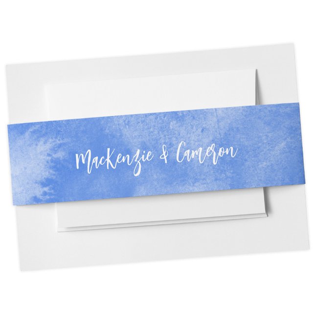 Bandeau De Faire-part Mariage d'aquarelle bleu Santorini (Santorini blue watercolor script font couple names belly band)