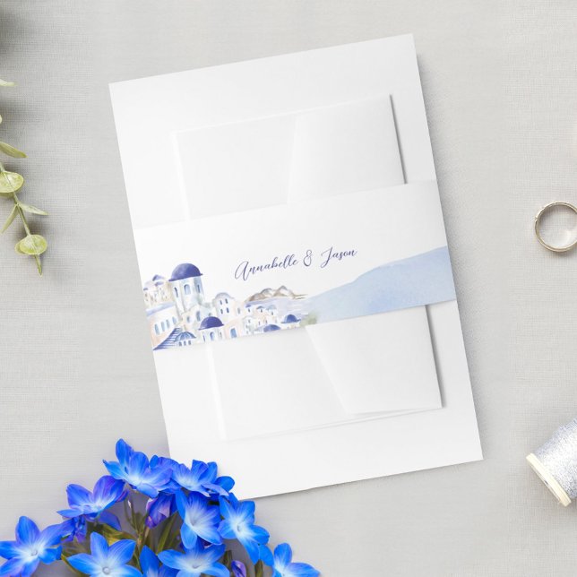 Bandeau De Faire-part Mariage d'aquarelle de l'architecture de Santorin  (Santorini Greece Architecture Watercolor Wedding Invitation Belly Band)