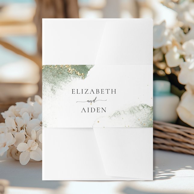 Bandeau De Faire-part Mariage d'aquarelle moderne en or vert (imitation) (Modern Green Gold (imitation) Watercolor Wedding Invitation Belly Band with your names)