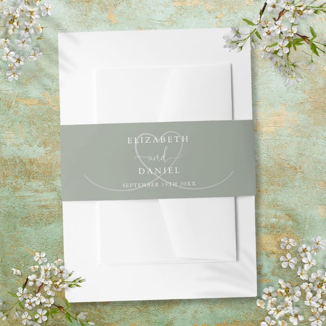 Bandeau De Faire-part Mariage Élégant Vert Sauge Cœur (Sage Green Elegant Heart Wedding Invitation Belly Band)