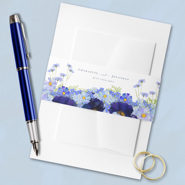 Bandeau De Faire-part Mariage Fleur sauvage moderne (Elegant wildflower blue floral watercolor wedding invitation belly band bride & groom names and date)
