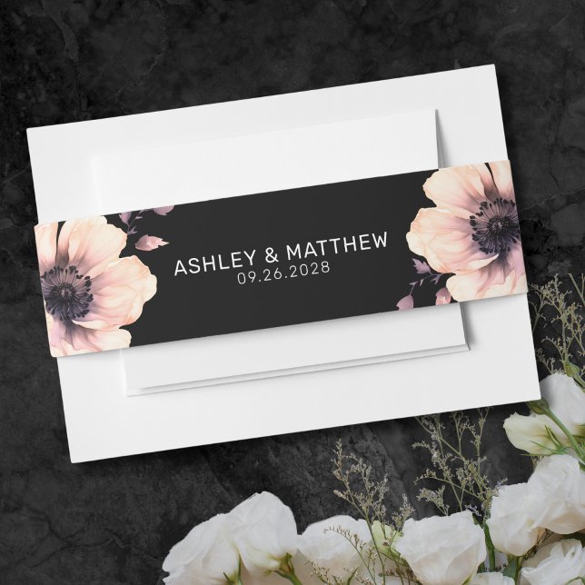 Bandeau De Faire-part Mariage floral moderne élégant rose noir (Modern Elegant Black Pink Floral Wedding Invitation Belly Band)