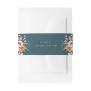 Bandeau De Faire-part Mariage Floral Printanier Orange et Bleu Canard pê
