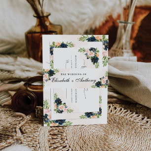 Bandeau De Faire-part Mariage floral rose bleu marine et bleu