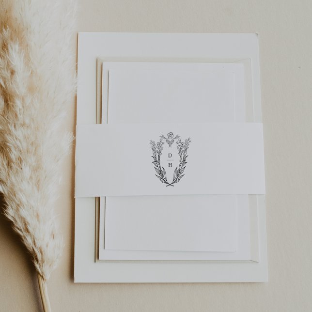 Bandeau De Faire-part Mariage minimaliste noir blanc noir DAPHNE Floral  (DAPHNE Floral Crest Black White Minimalist Wedding Invitation Belly Band)