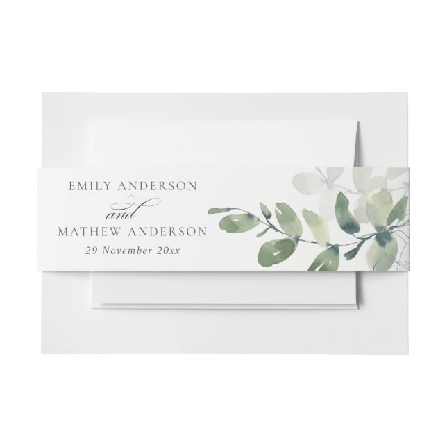 BANDEAU DE FAIRE-PART MARIAGE MODERNE VERT EUCALYPTUS FOLIAGE EAU COULEU (Devant Example)