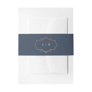 Bandeau De Faire-part mariage monogramme bleu marine classique en or crê