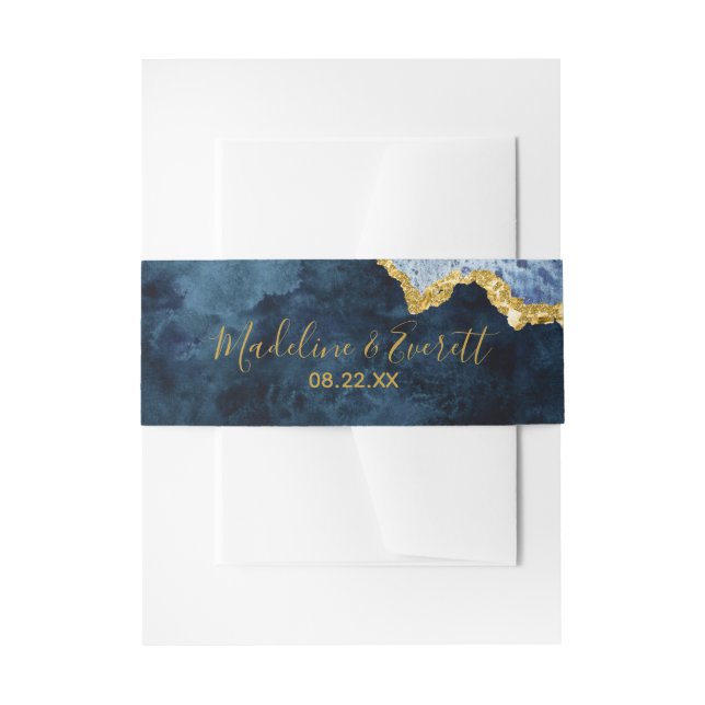 Bandeau De Faire-part Marine Blue Gold Foil Agate Marbre Mariage Monogra (Devant example)