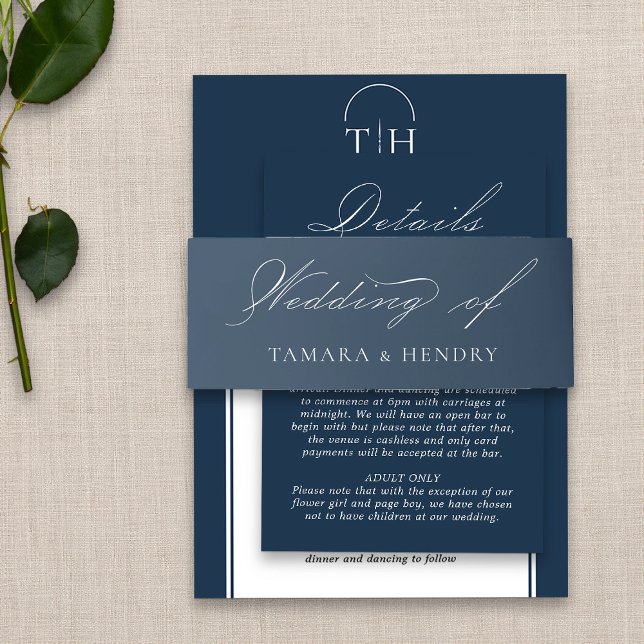 Bandeau De Faire-part Marine Blue Mariage Élégante calligraphie (Elegant navy blue wedding invitation belly band from my Wedding Colors collection)