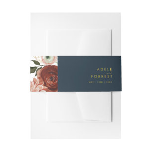 Bandeau De Faire-part Marsala Autumn Floral   Navy Invitation Belly Band