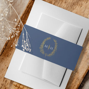 Bandeau De Faire-part Monogramme bleu or blanc ovale feuilles