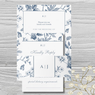 Bandeau De Faire-part Monogramme bleu Vintage Floral Mariage français
