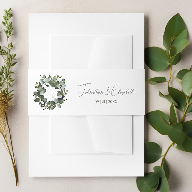 Bandeau De Faire-part Monogramme moderne Eucalyptus Mariage de couronne  (White Modern Monogram Eucalyptus Wreath Wedding Invitation Belly Band)