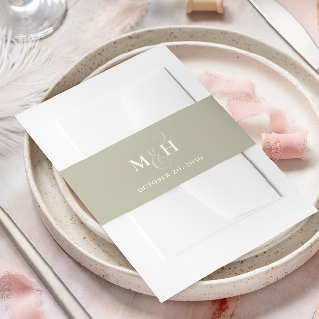Bandeau De Faire-part Monogramme vert mariage classique simple taille (Elegant sage green simple monogram invitation belly band.)