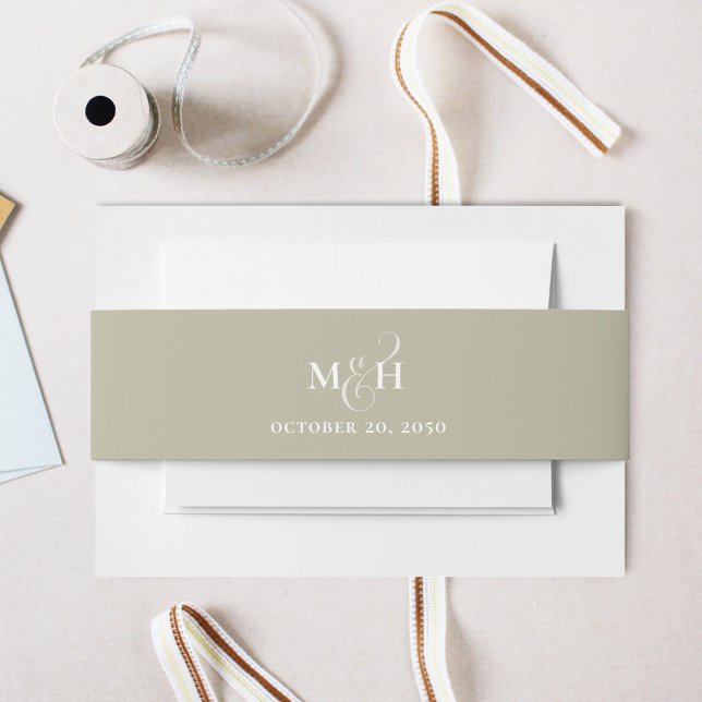 Bandeau De Faire-part Monogramme vert mariage classique simple taille (Sage green monogram invitation belly band Horizontal template. )