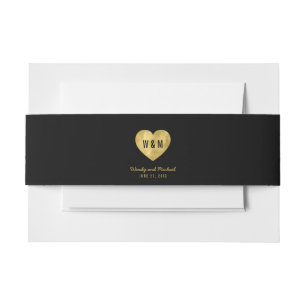 Bandeau De Faire-part Noir Monogramme Faux Gold Mariage de coeur