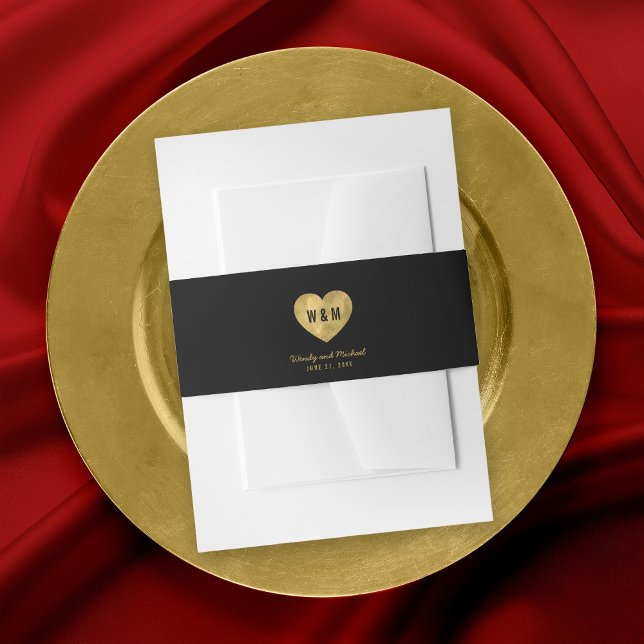 Bandeau De Faire-part Noir Monogramme Faux Gold Mariage de coeur (Créateur téléchargé)