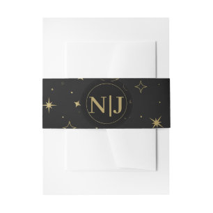 Bandeau De Faire-part Noir & Or Moderne Céleste Lune Étoiles Mariage