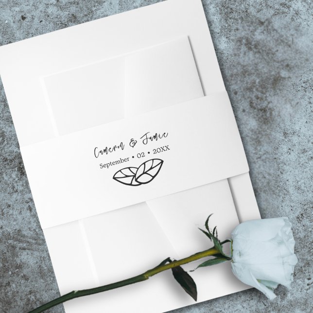 Bandeau De Faire-part Noms noirs blancs traditionnels Date Twin Feuille (Traditional White Black Names Date Twin Leaves Invitation Belly Band)