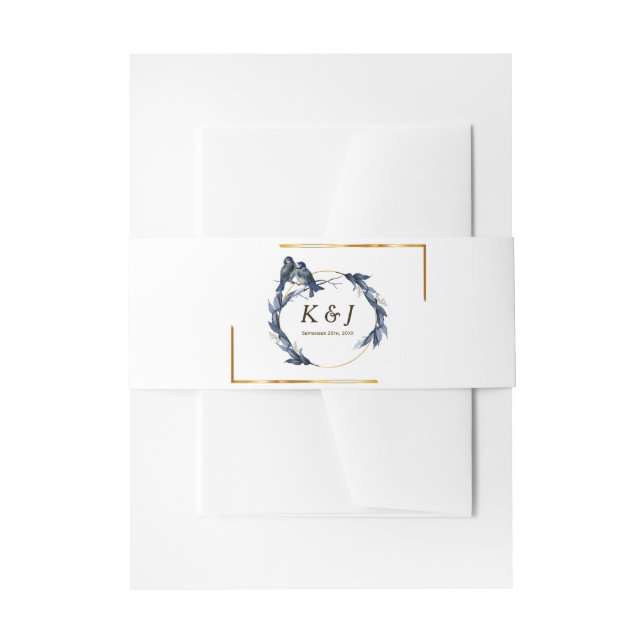 Bandeau De Faire-part Oiseaux bleus sur une branche cadre or Mariage flo (Devant example)