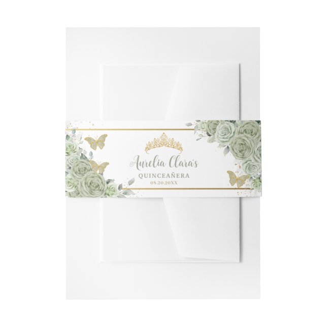 Bandeau De Faire-part Papillons floraux verts Sage Quinceanera Or (Devant example)