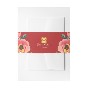 Bandeau De Faire-part Peony floral double bonheur chinois mariage rouge