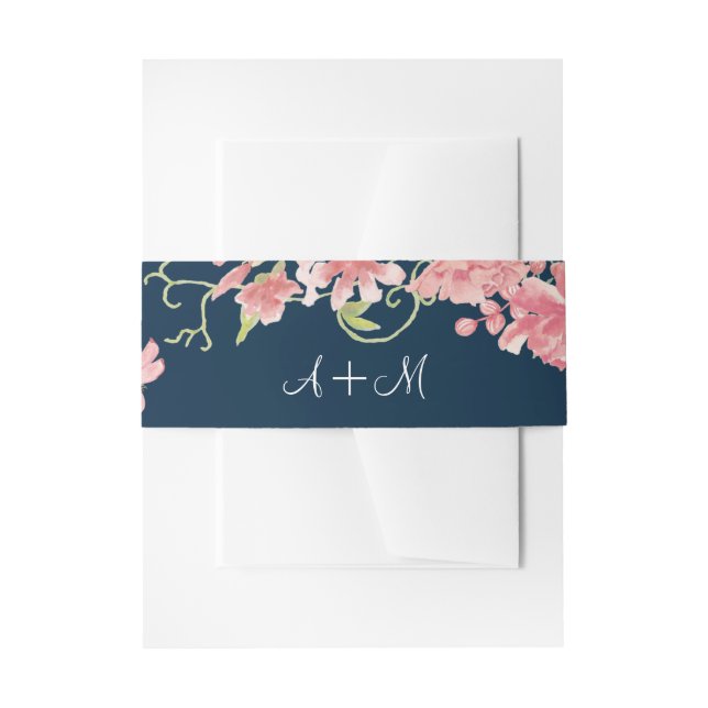 Bandeau De Faire-part Pies rose marine bleu floral monogrammed mariage (Devant example)