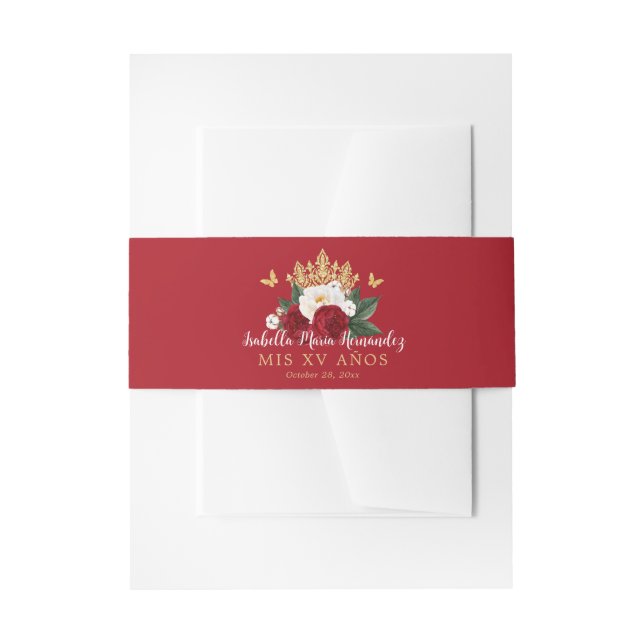 Bandeau De Faire-part Quinceañera rouge Floral or (Devant example)